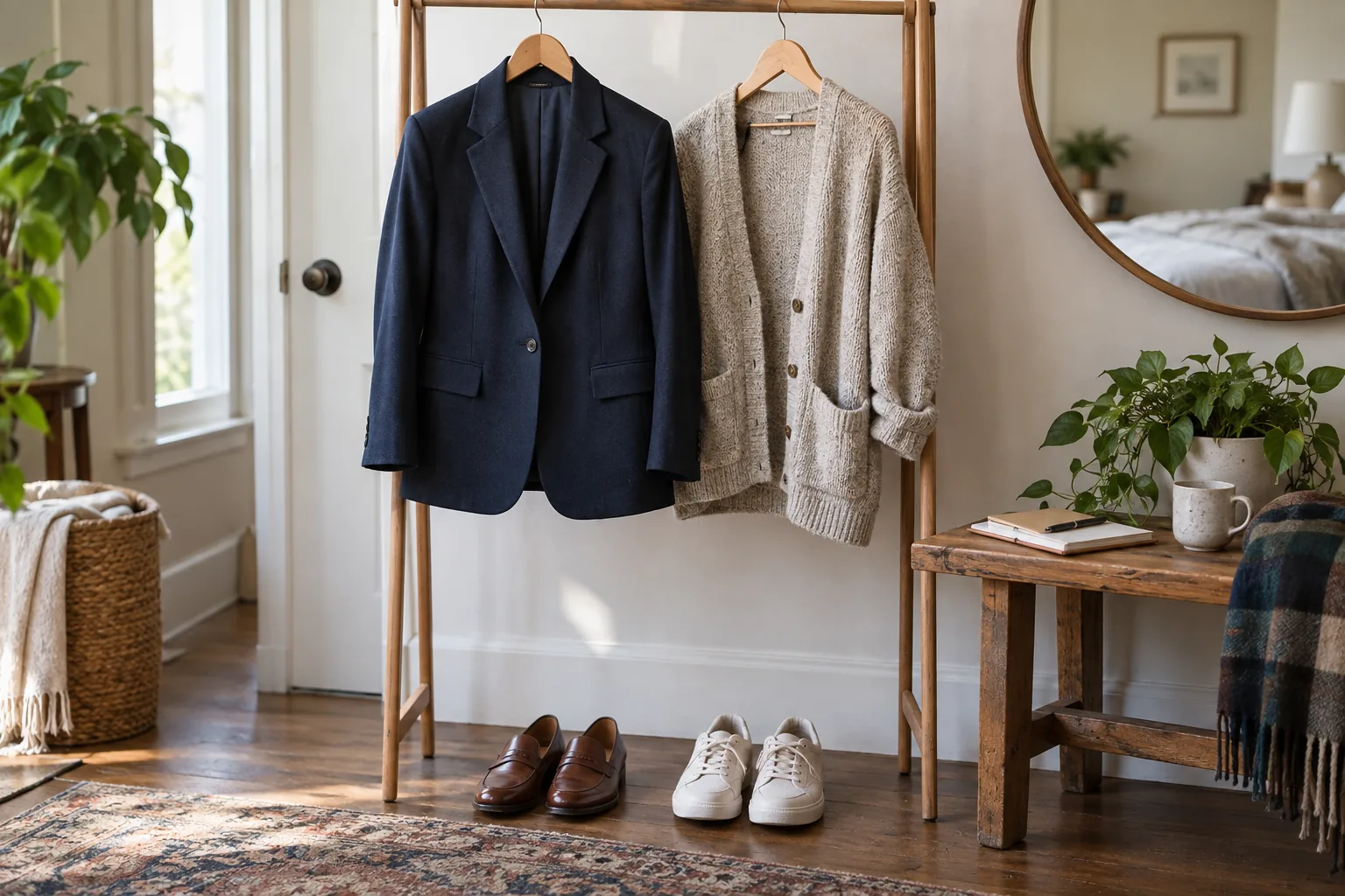 A well-made plain navy jacket hanging next to a favorite casually worn cardigan, shoes below and small notebook on a bench.
