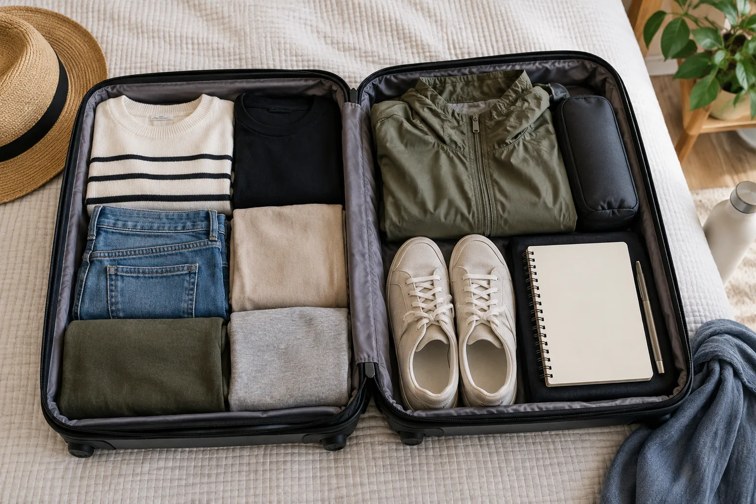 Overhead view of an open carry-on suitcase with a coordinated compact set of neatly folded clothes, comfortable walking shoes, a lightweight jacket and a simple blank itinerary notebook.
