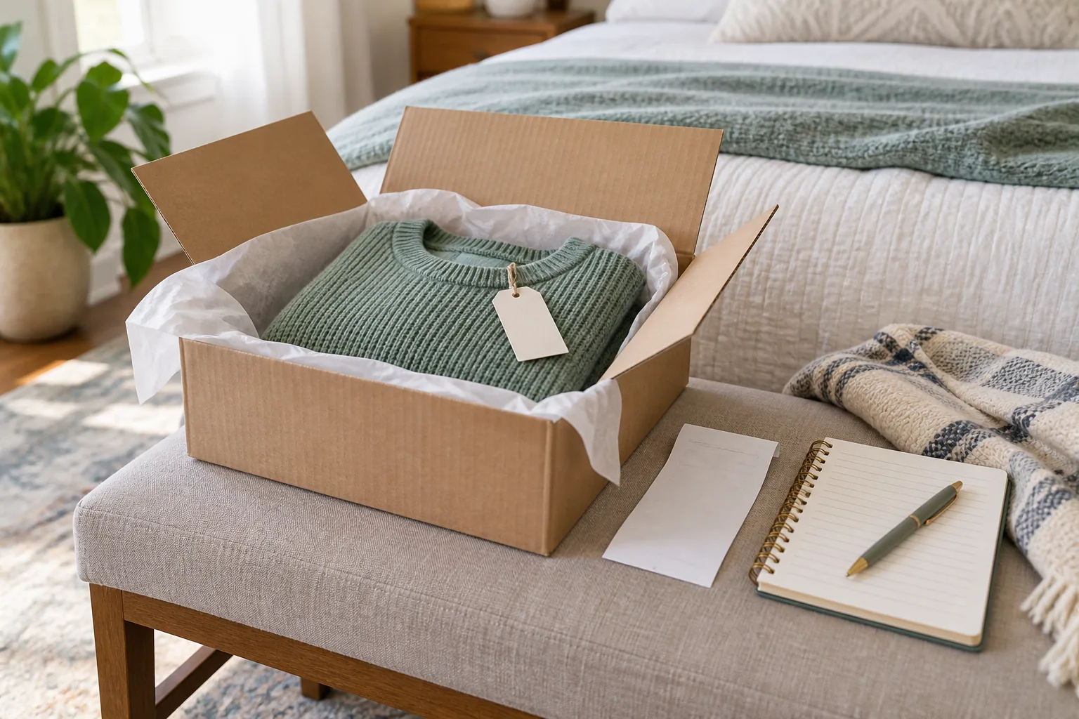 A simple clothing delivery box opened on a bedroom bench, neatly folded sweater with plain blank hangtag, blank receipt and a notebook, showing organized purchase and return tracking.